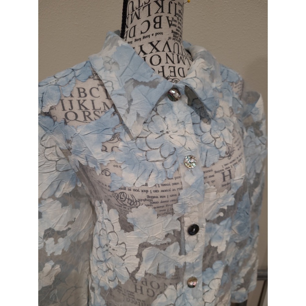 Vtg. Cynthia Max Women SZ Med. Semi sheer Floral Jacket lt. Blue floral boho USA - Picture 3 of 12